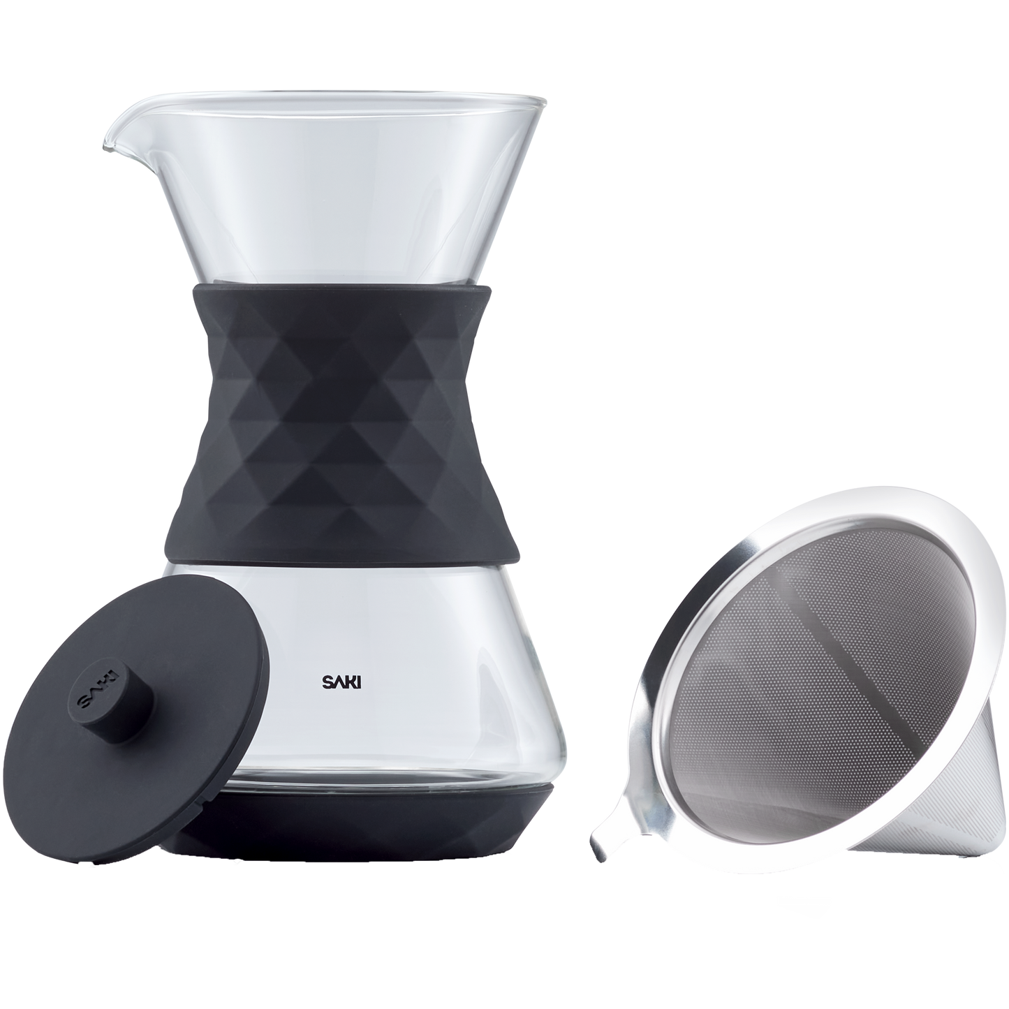 Brewed pour-over coffee in glass carafe served beside a ceramic mug