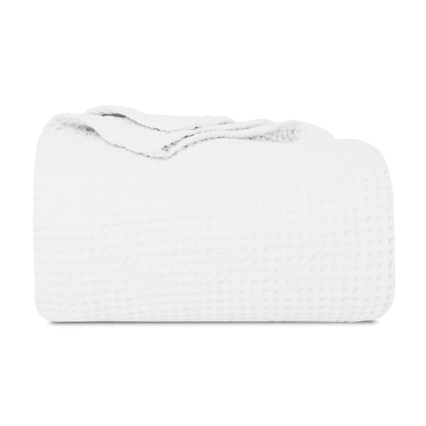 Waffle weave throw shown spread out flat displaying full size and fringe trim