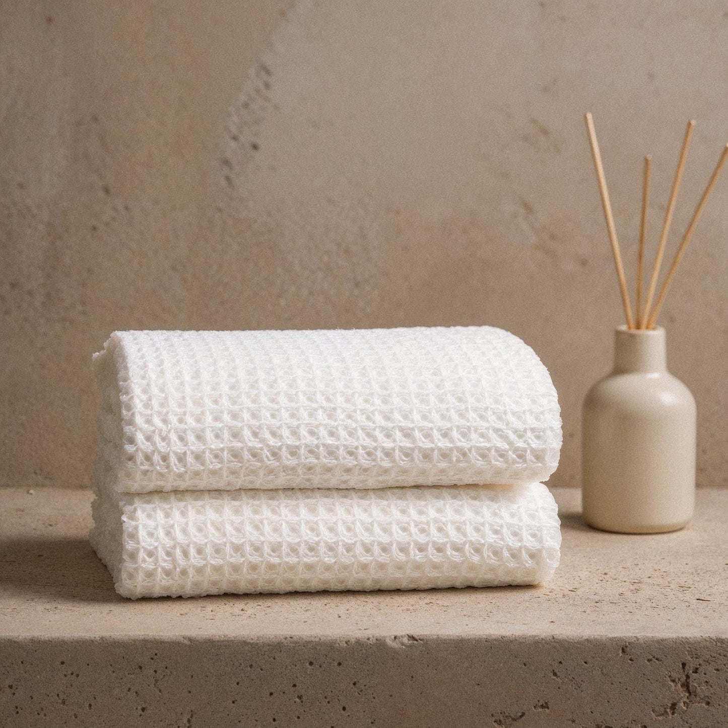 Sedona waffle towel wrapped around model with relaxed natural fall