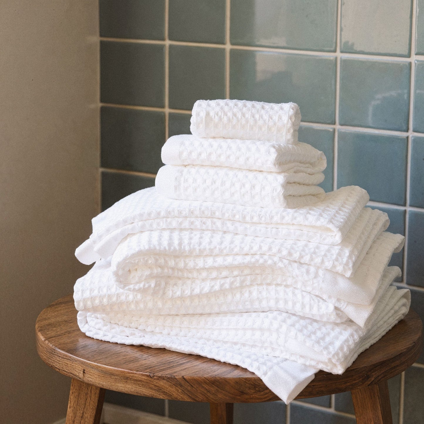 Sedona waffle towels in stone gray color photographed on plain background