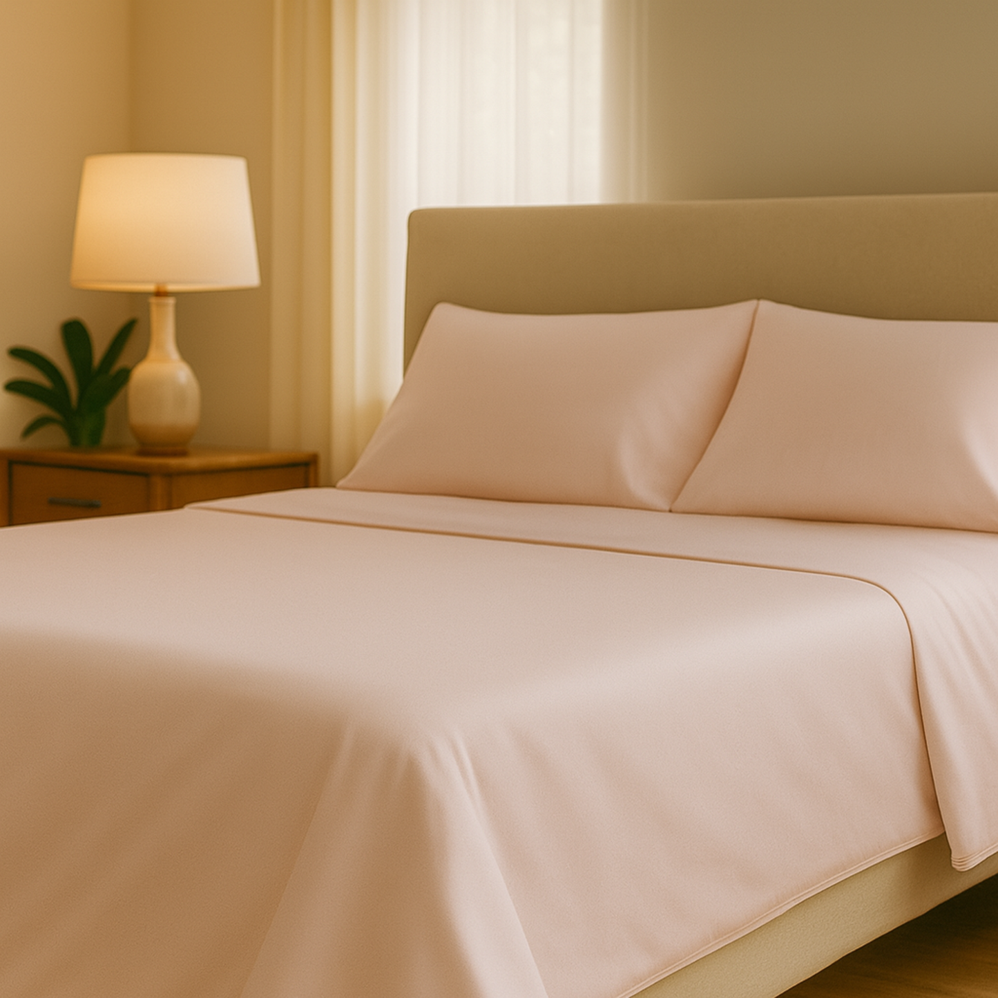 Bedroom scene with bamboo sheets in neutral palette and morning light