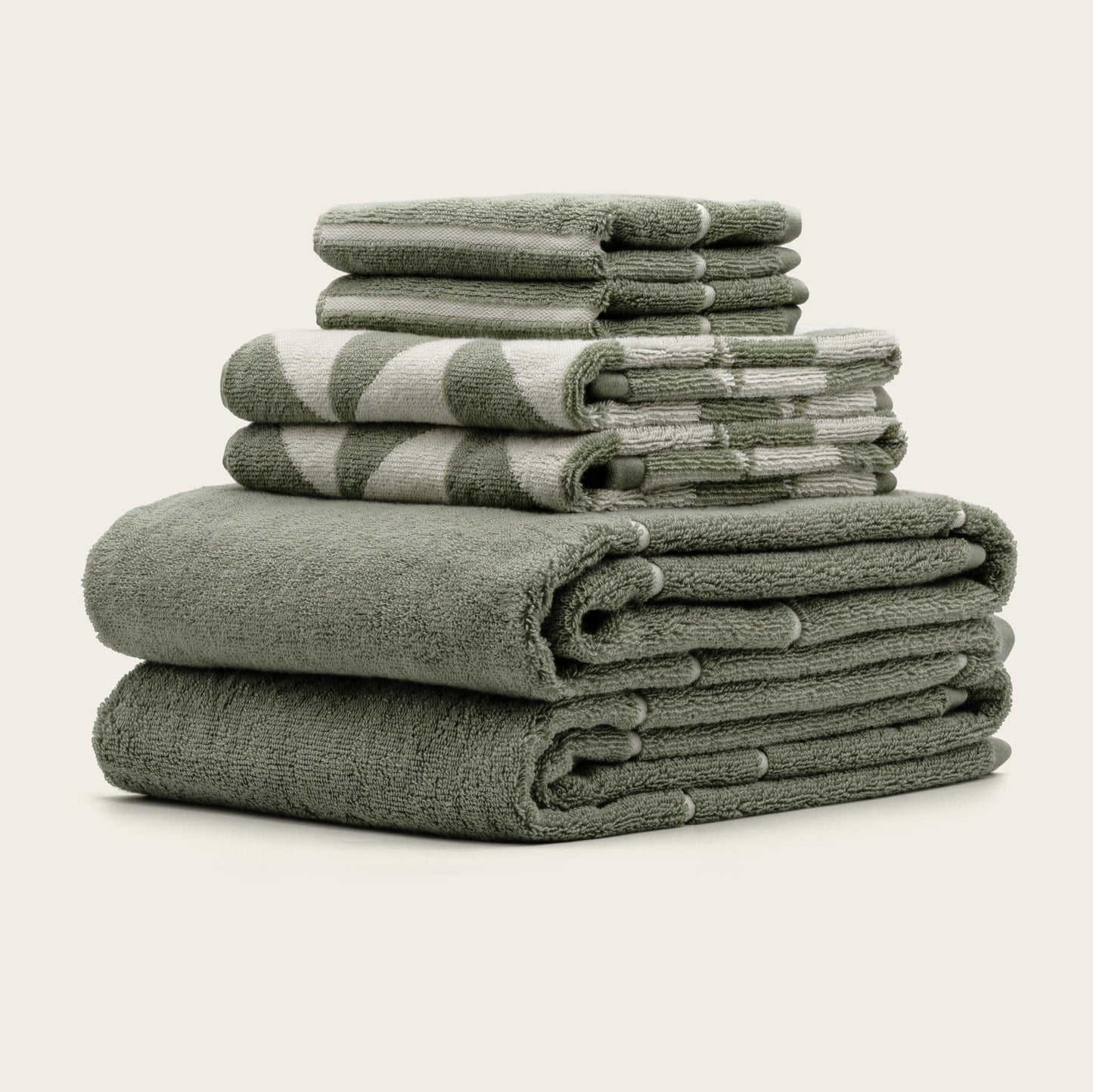 Deia standard towel set neatly folded showing full bath collection