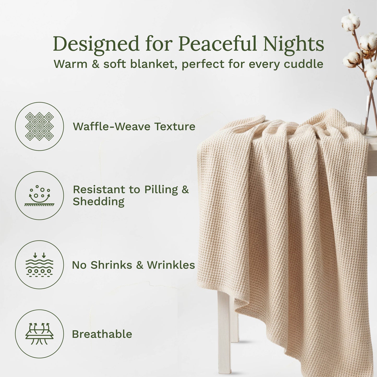 Waffle weave blanket in white styled on a neatly made queen bed