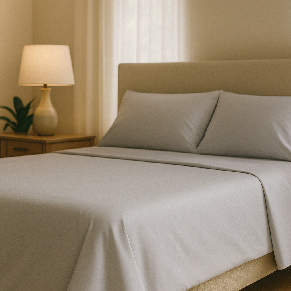 Bamboo viscose sheet set styled on rumpled bed showing relaxed drape