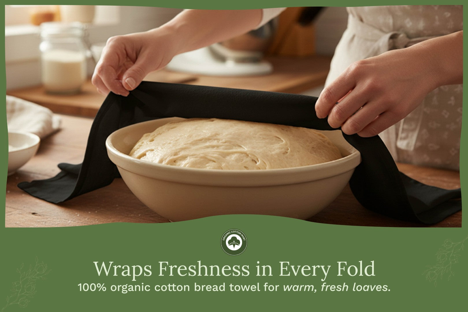 Flour sack towels lining a bread basket with fresh dinner rolls inside