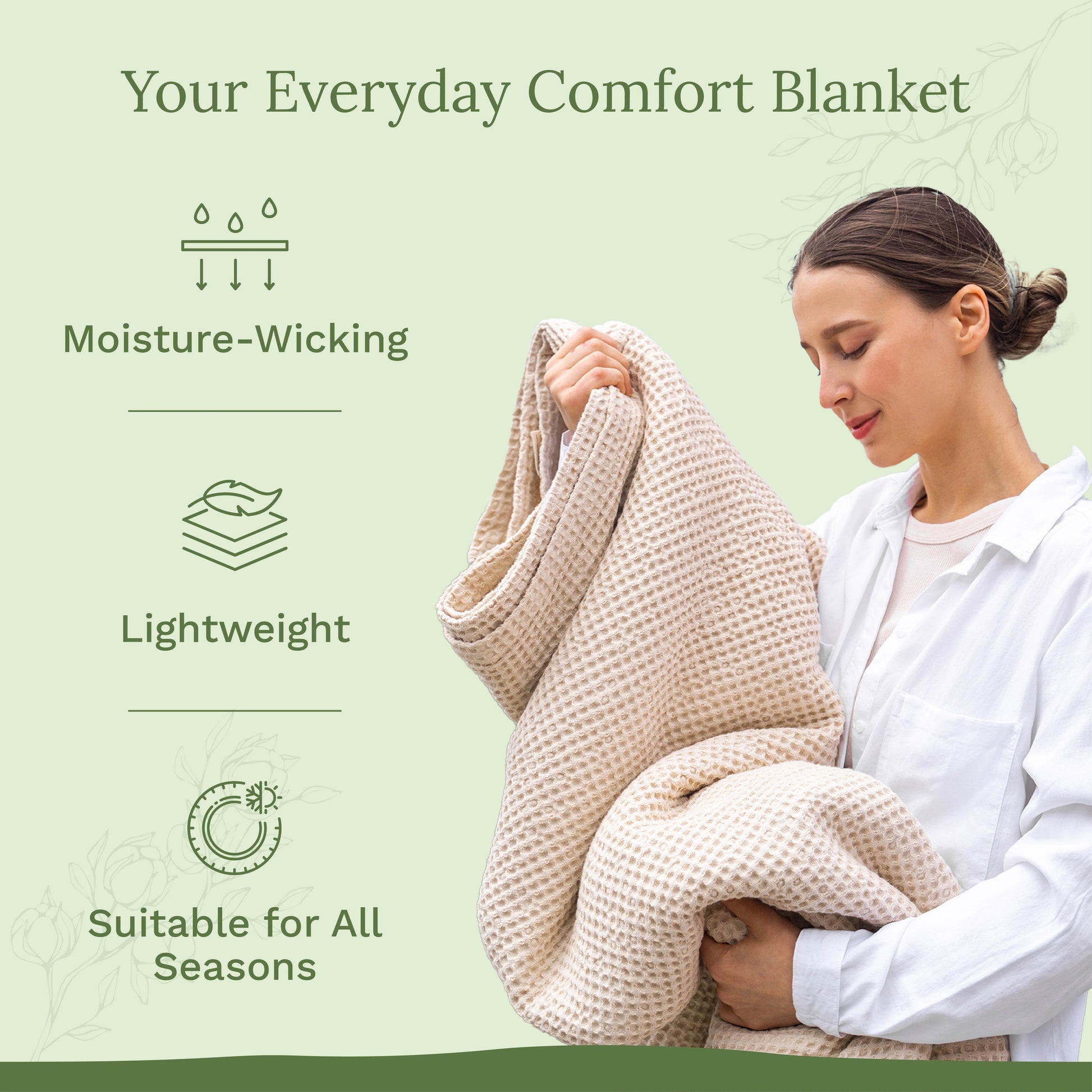 Waffle weave blanket in soft gray rumpled on a reading chair near window