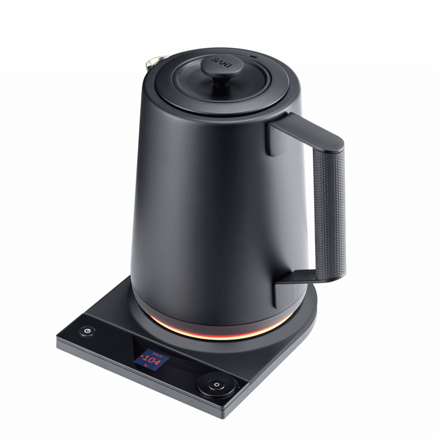 Luna Pro kettle on countertop with steam rising from gooseneck spout