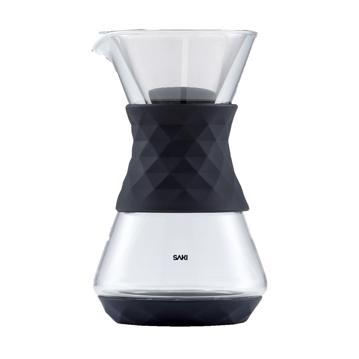 SAKI pour-over glass coffee maker carafe with stainless steel filter on counter