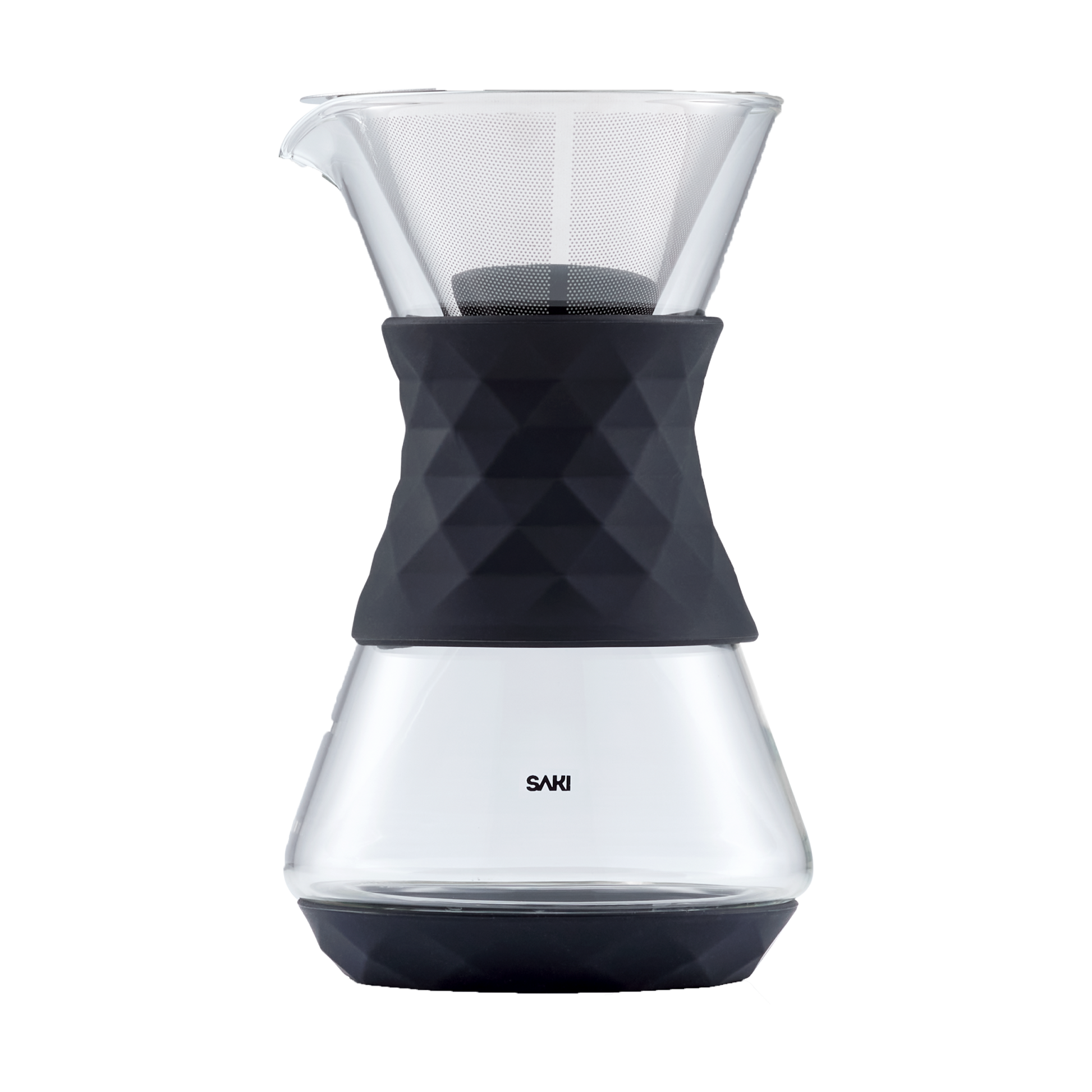 SAKI pour-over glass coffee maker carafe with stainless steel filter on counter