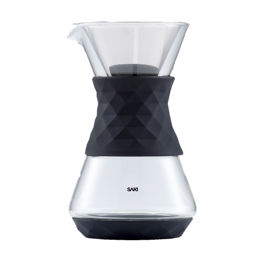 SAKI pour-over glass coffee maker carafe with stainless steel filter on counter