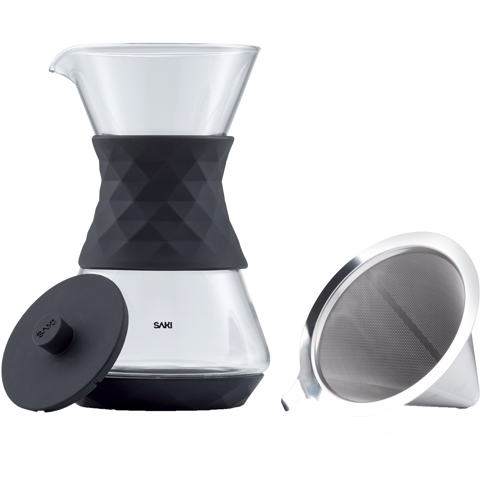 Brewed pour-over coffee in glass carafe served beside a ceramic mug