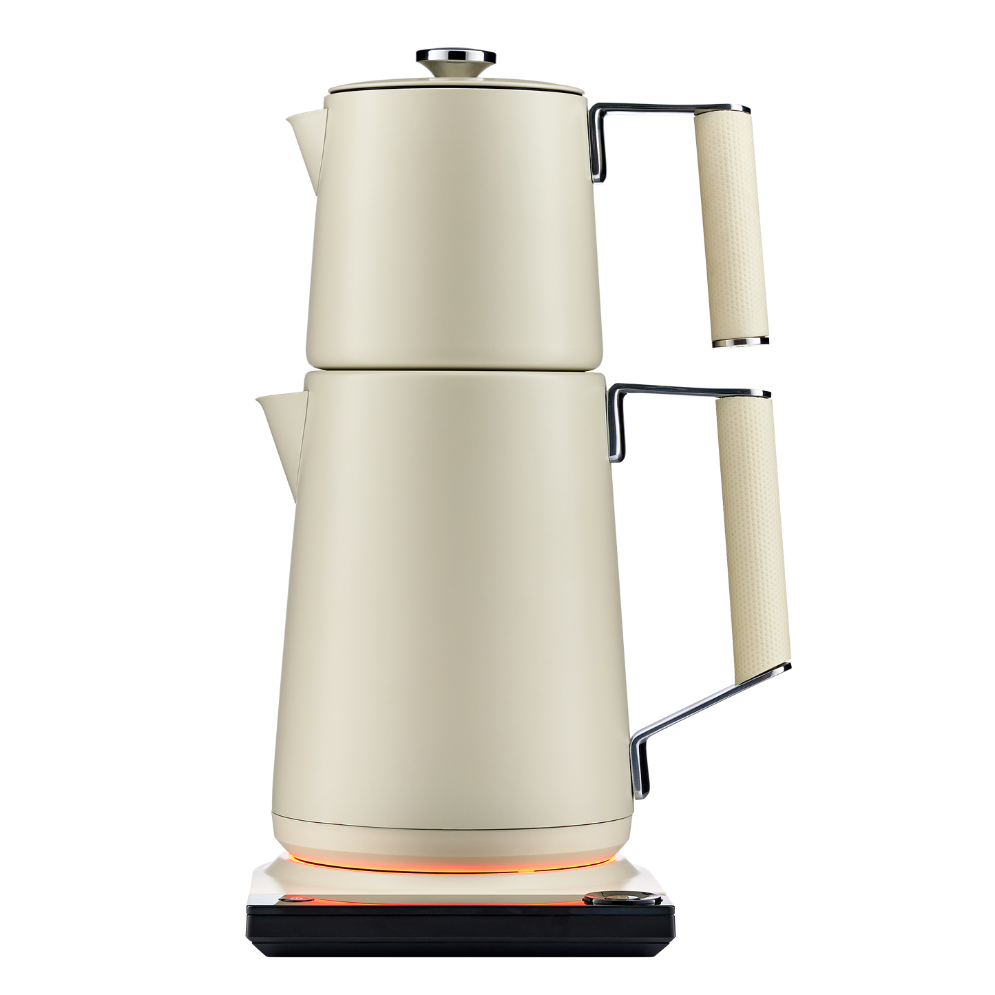 Turkish Tea Maker Pro shown with white tea pot variant on stainless base