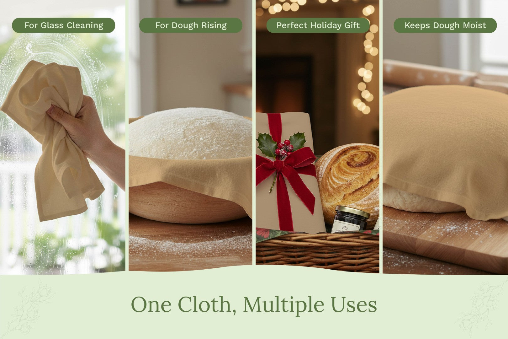 Flour sack kitchen towels folded around a loaf of fresh baked bread