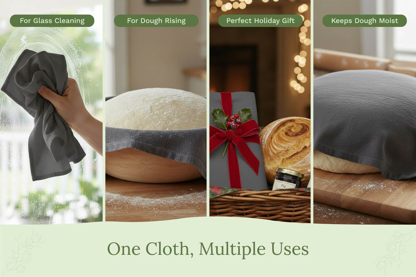 Flour sack kitchen towels sizing graphic showing dimensions for each pack option