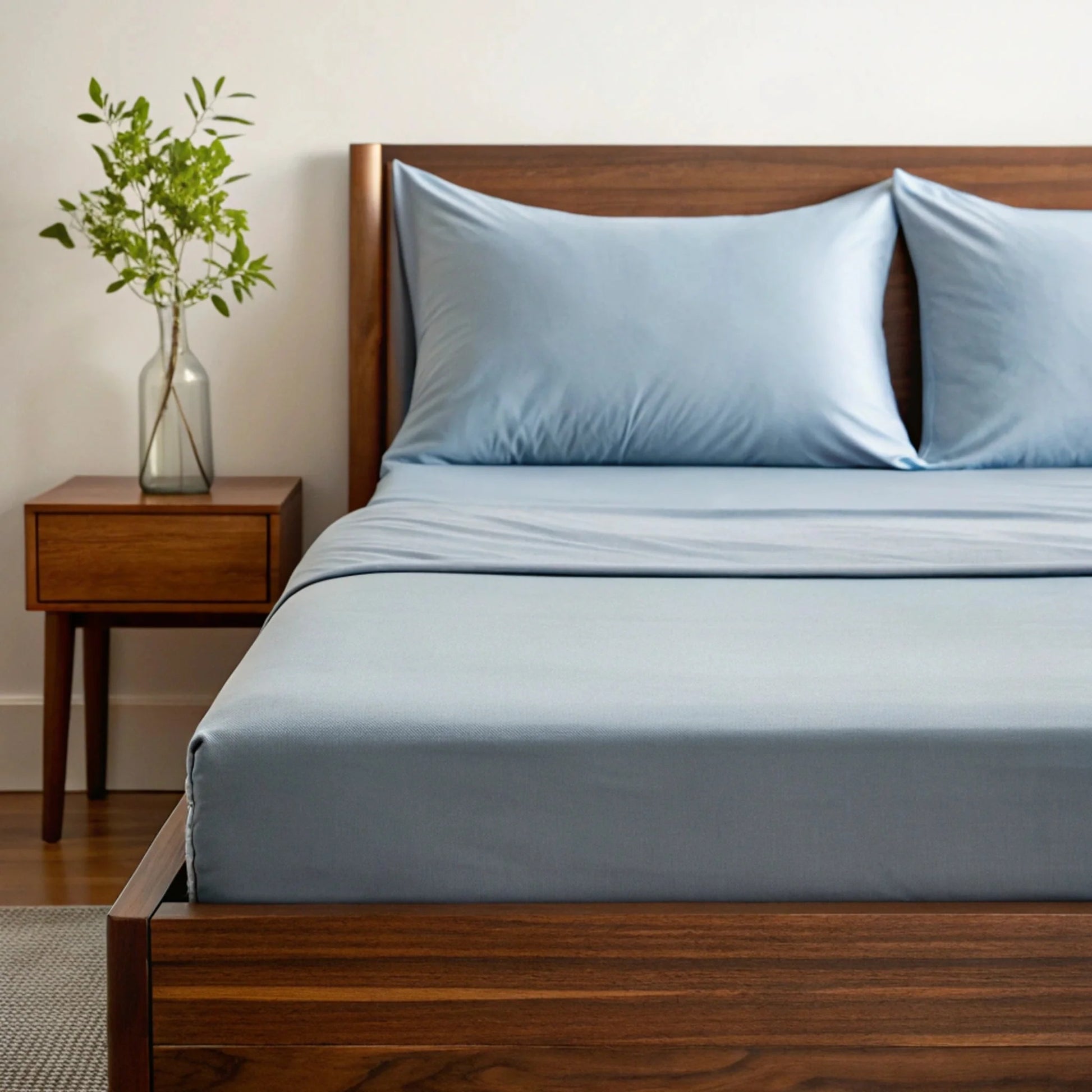Bamboo viscose flat sheet draped over bed showing silky lustrous surface