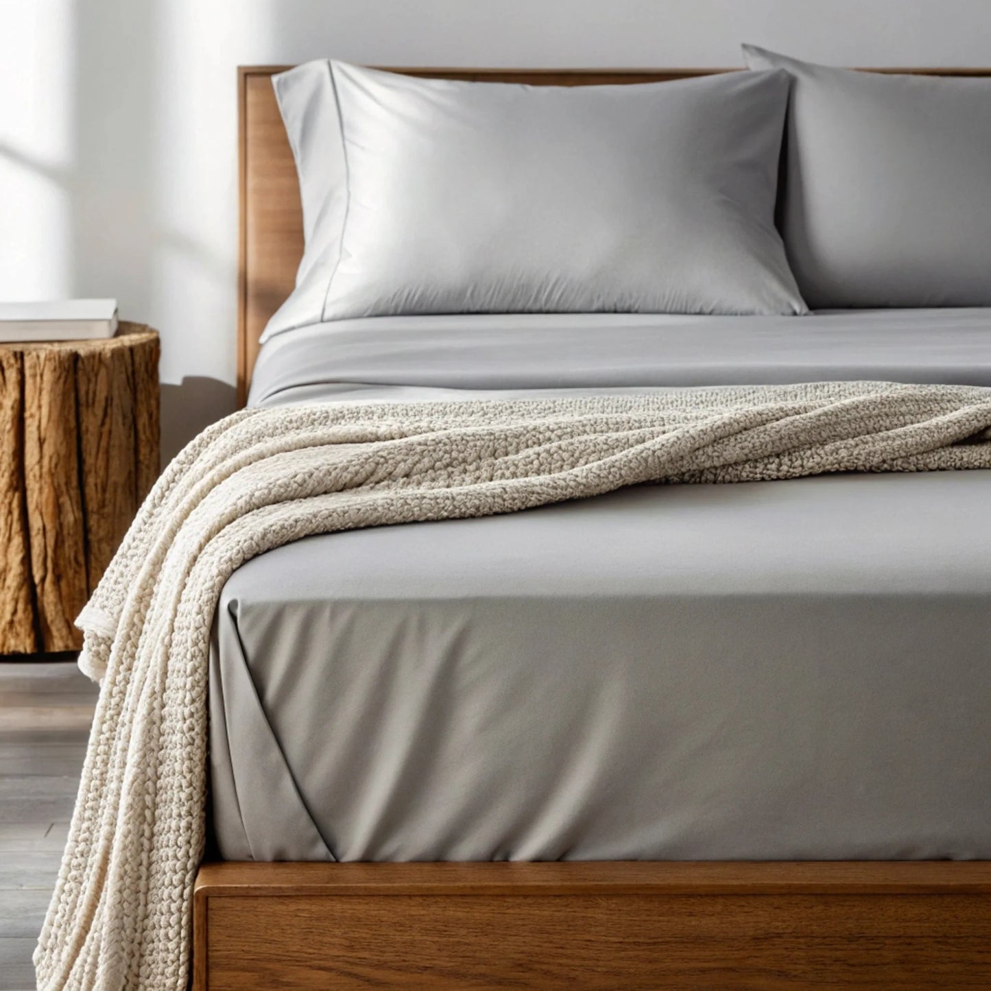 Bamboo sheet set displayed in white showing soft drape and matte sheen