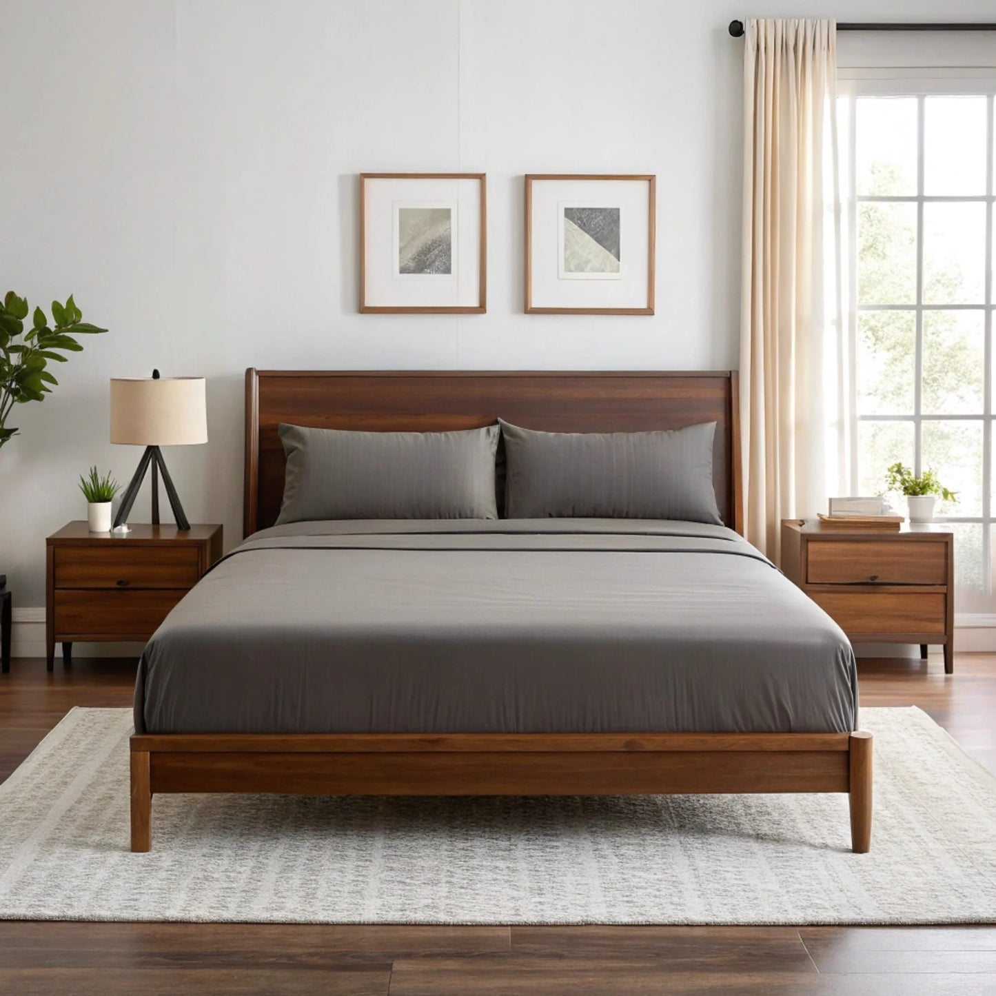 Bamboo sheet set in light gray shown styled on a neatly made bed