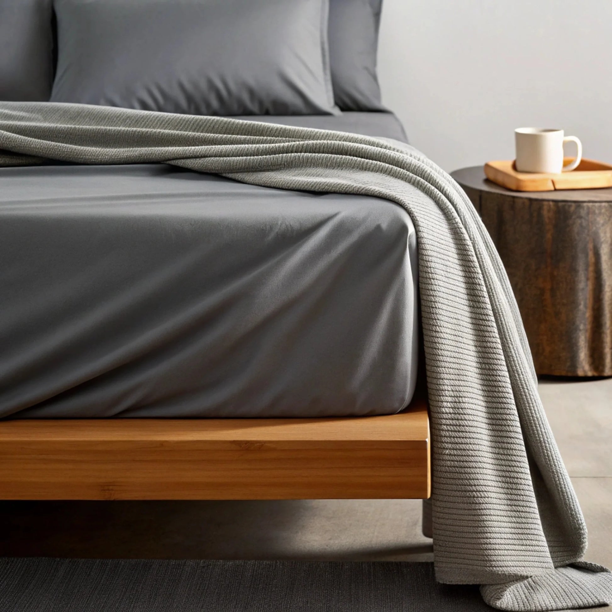 Bamboo sheet set in navy blue with crisp folded edges and matte finish