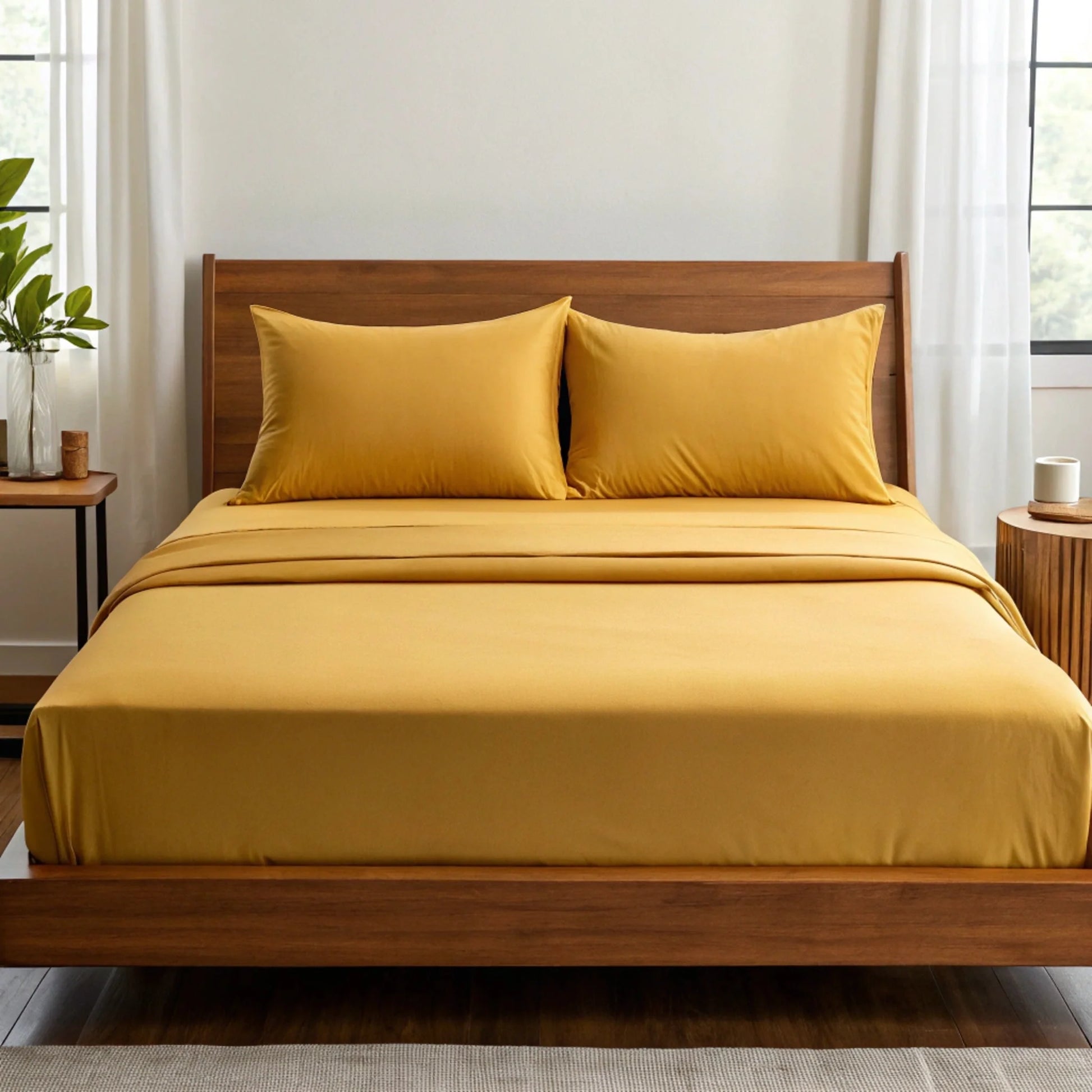 Bamboo sheet set in charcoal gray draped across a wooden bench seat