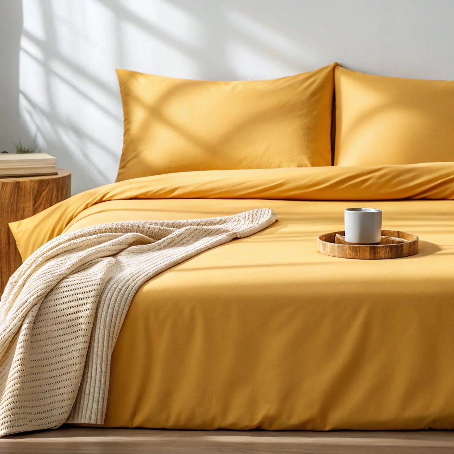 Bamboo sheet set in ivory cream tone laid flat showing silky surface drape