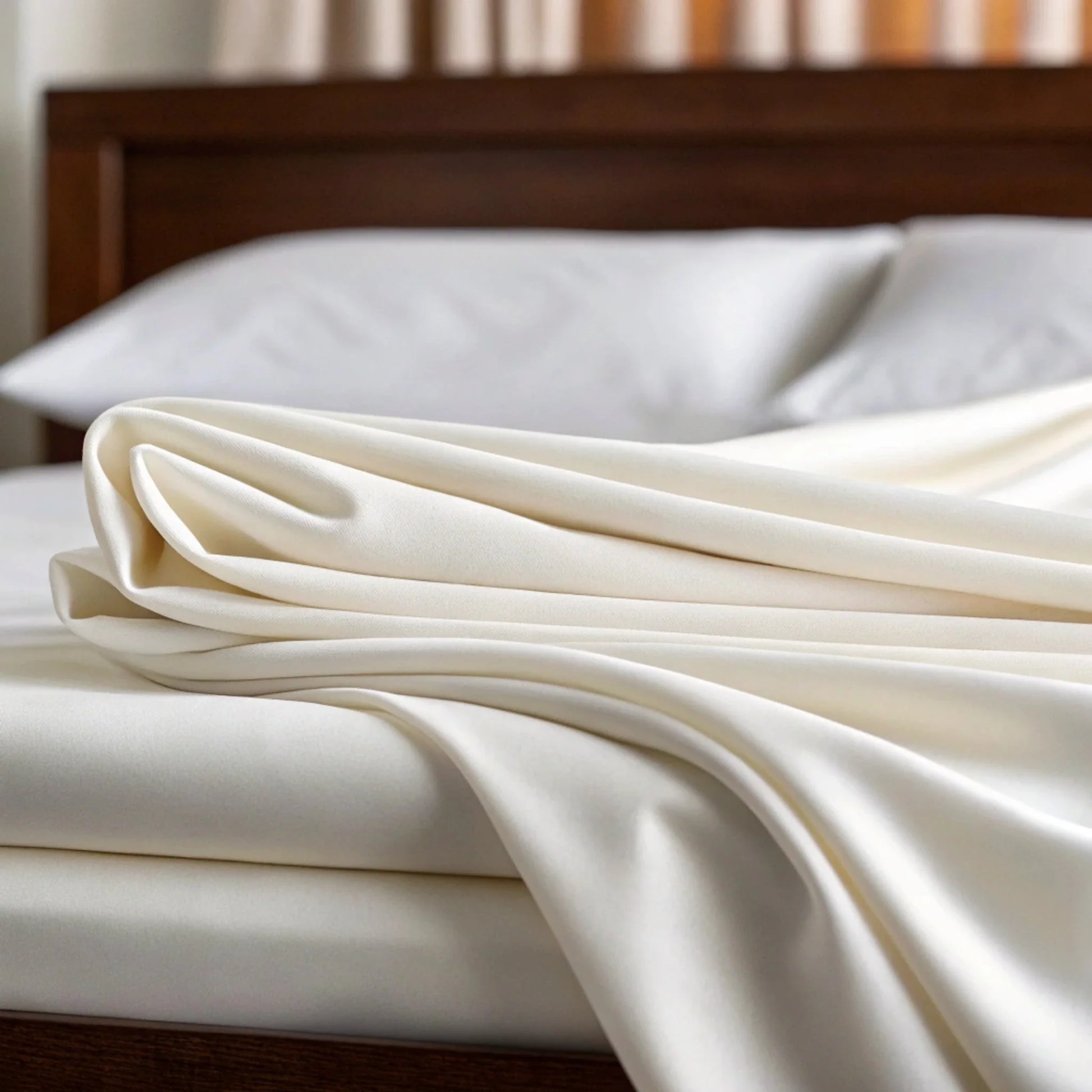 Hand smoothing the copper-infused bamboo flat sheet across a freshly made bed