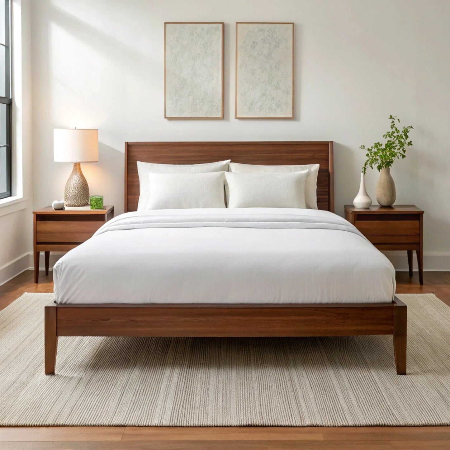 Bamboo sheet set in queen size with packaging band shown on bed