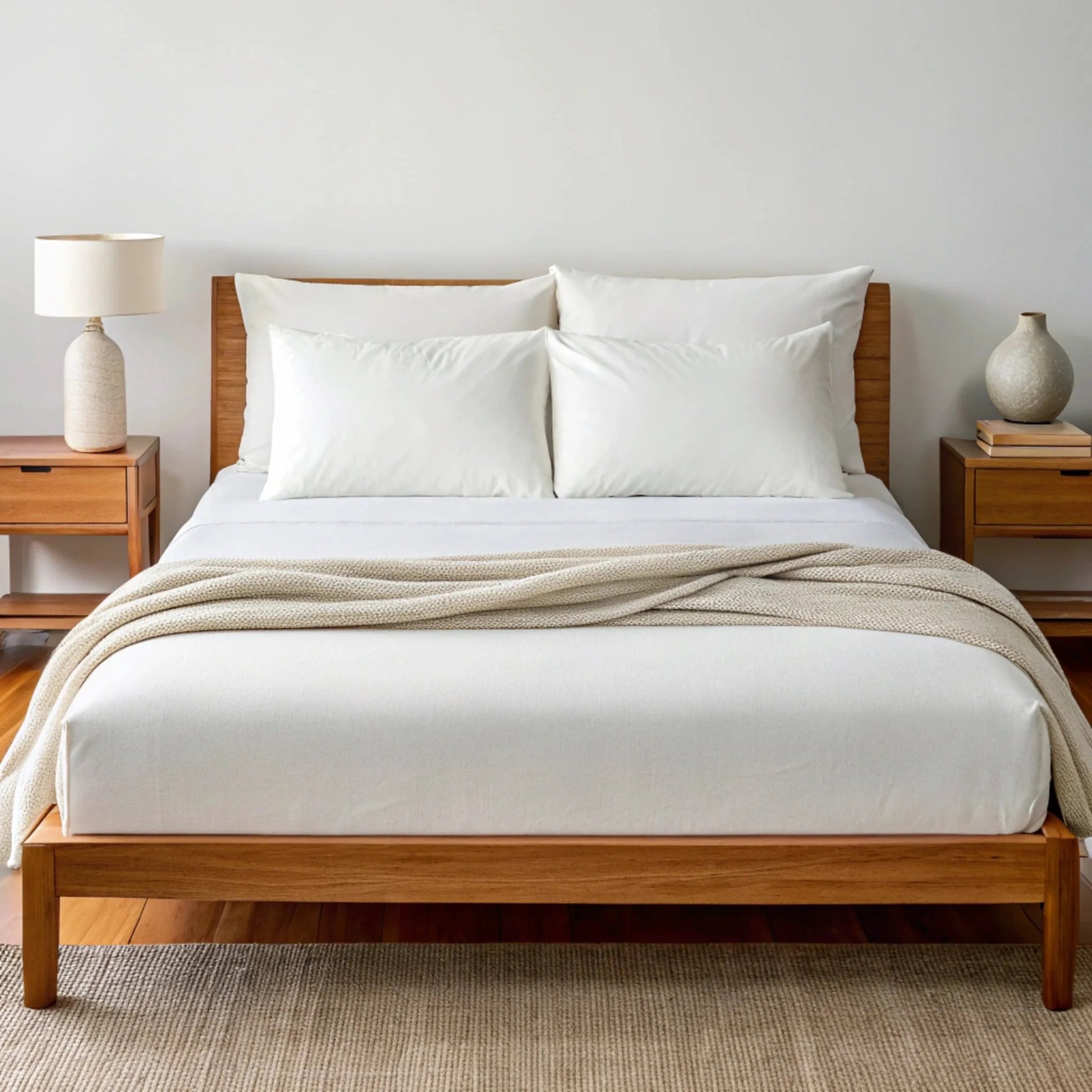 Bamboo sheet set in king size displayed neatly folded on a wooden surface