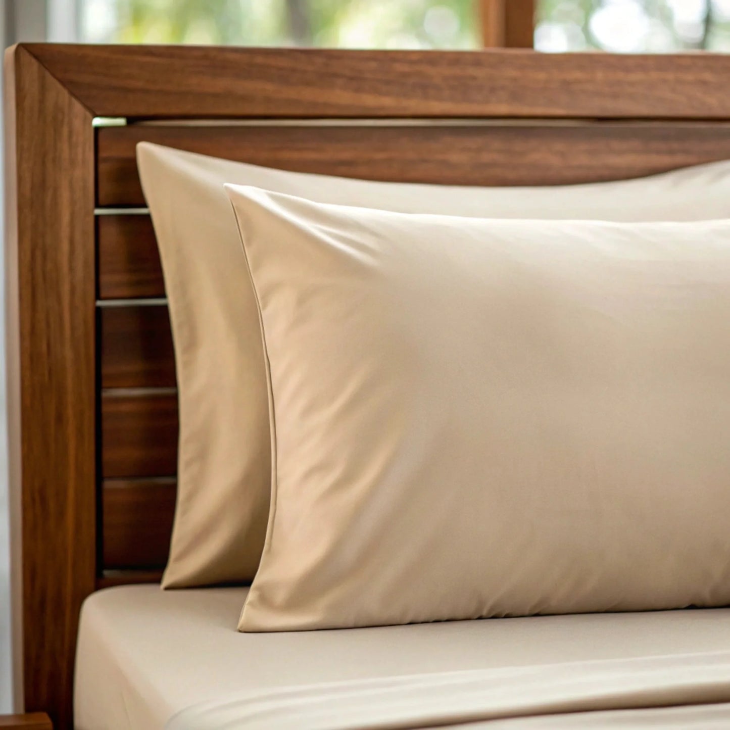 Copper-infused bamboo pillowcase laid flat showing finished hem stitching