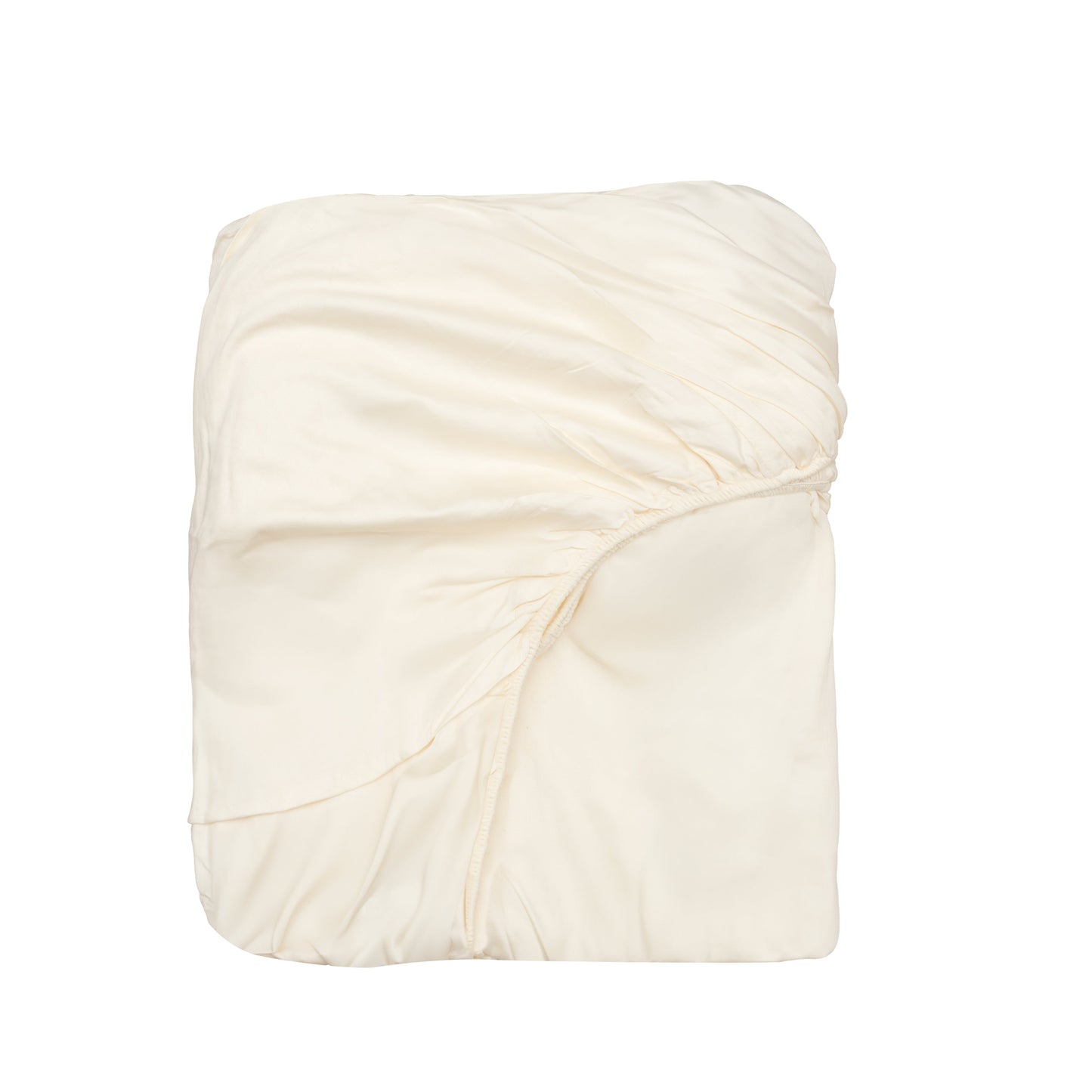 Folded organic sateen fitted sheet showing silky lustrous finish and elastic edges