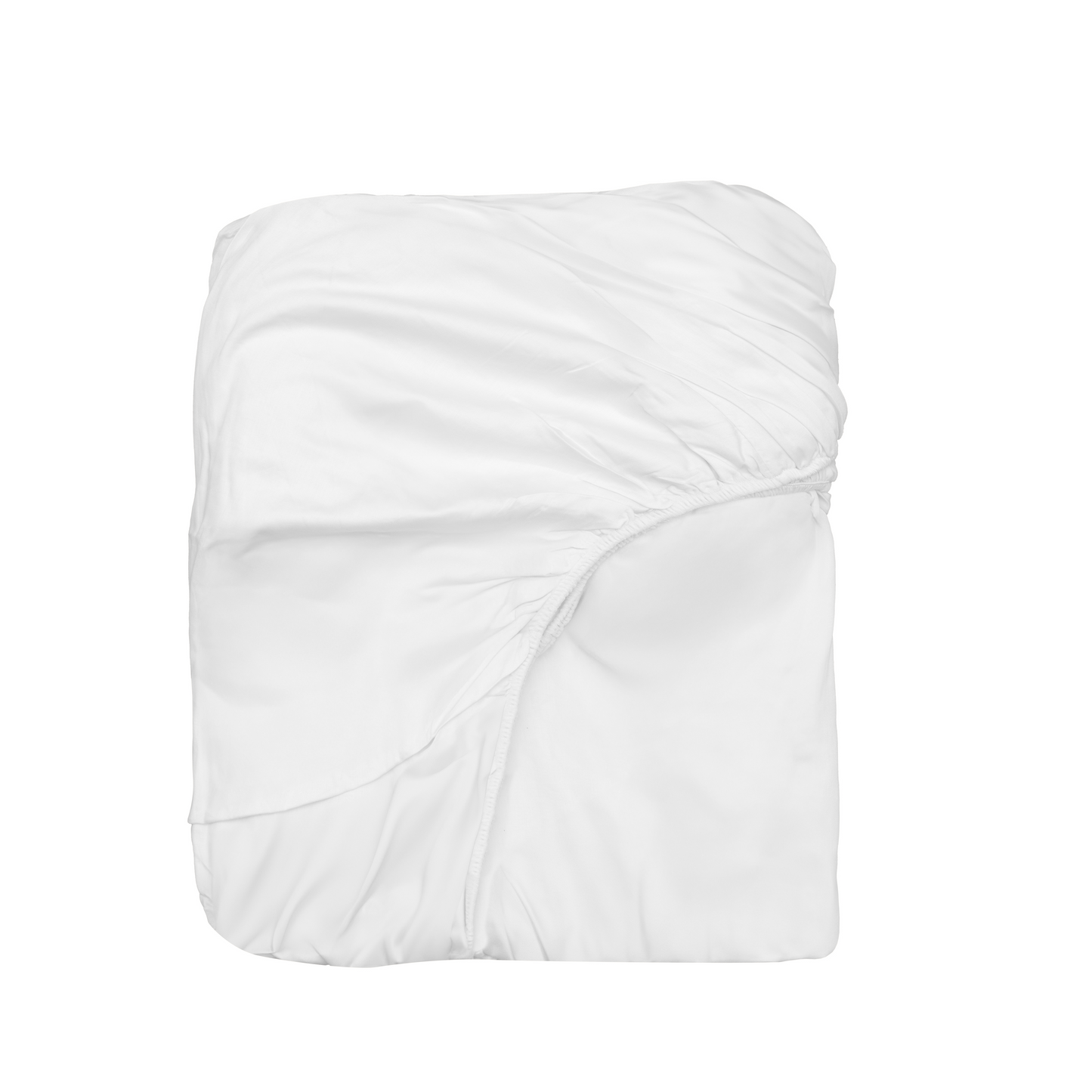 Organic sateen fitted sheet in soft gray laid flat showing matte sheen