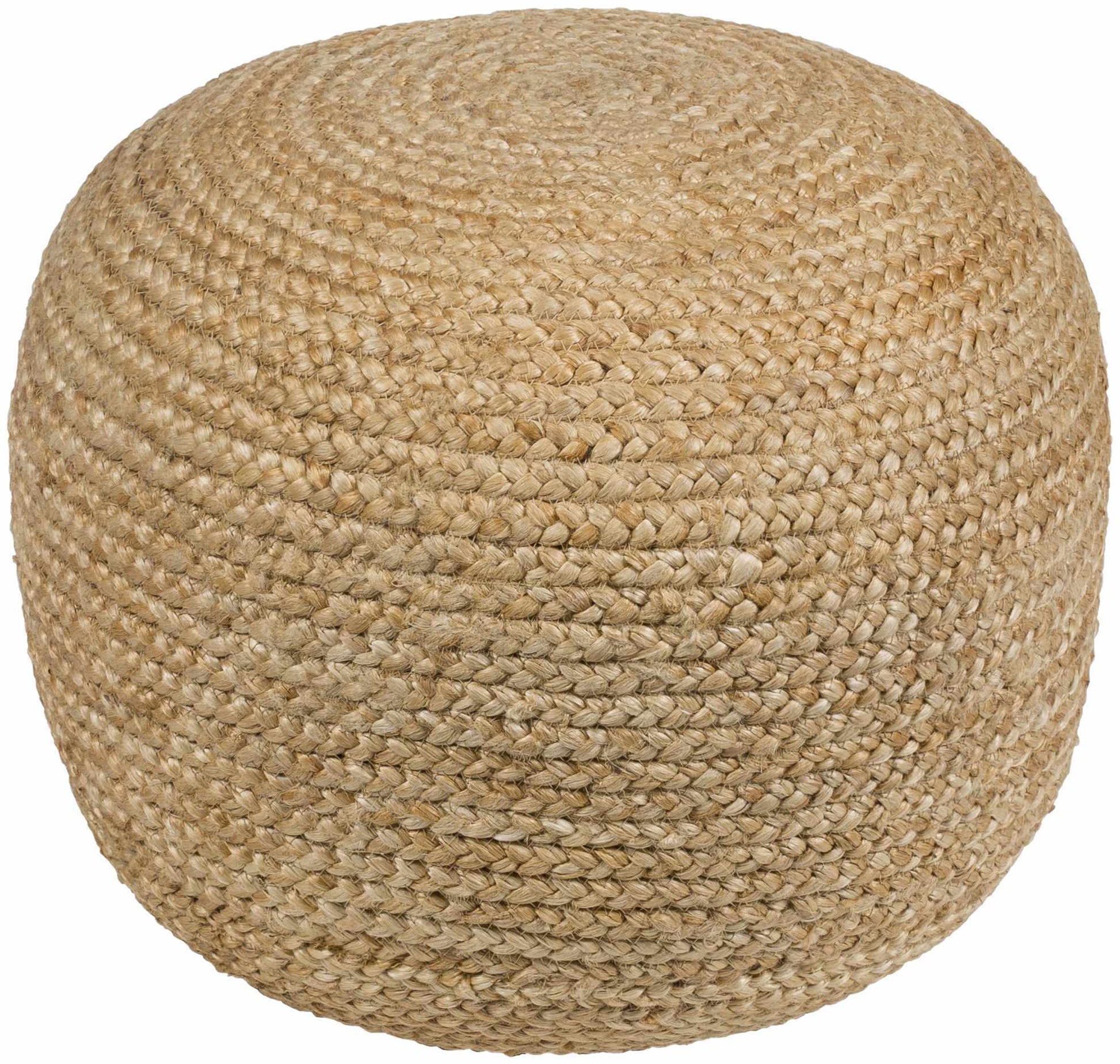 Knitted jute pouf styled in living room as extra ottoman seating